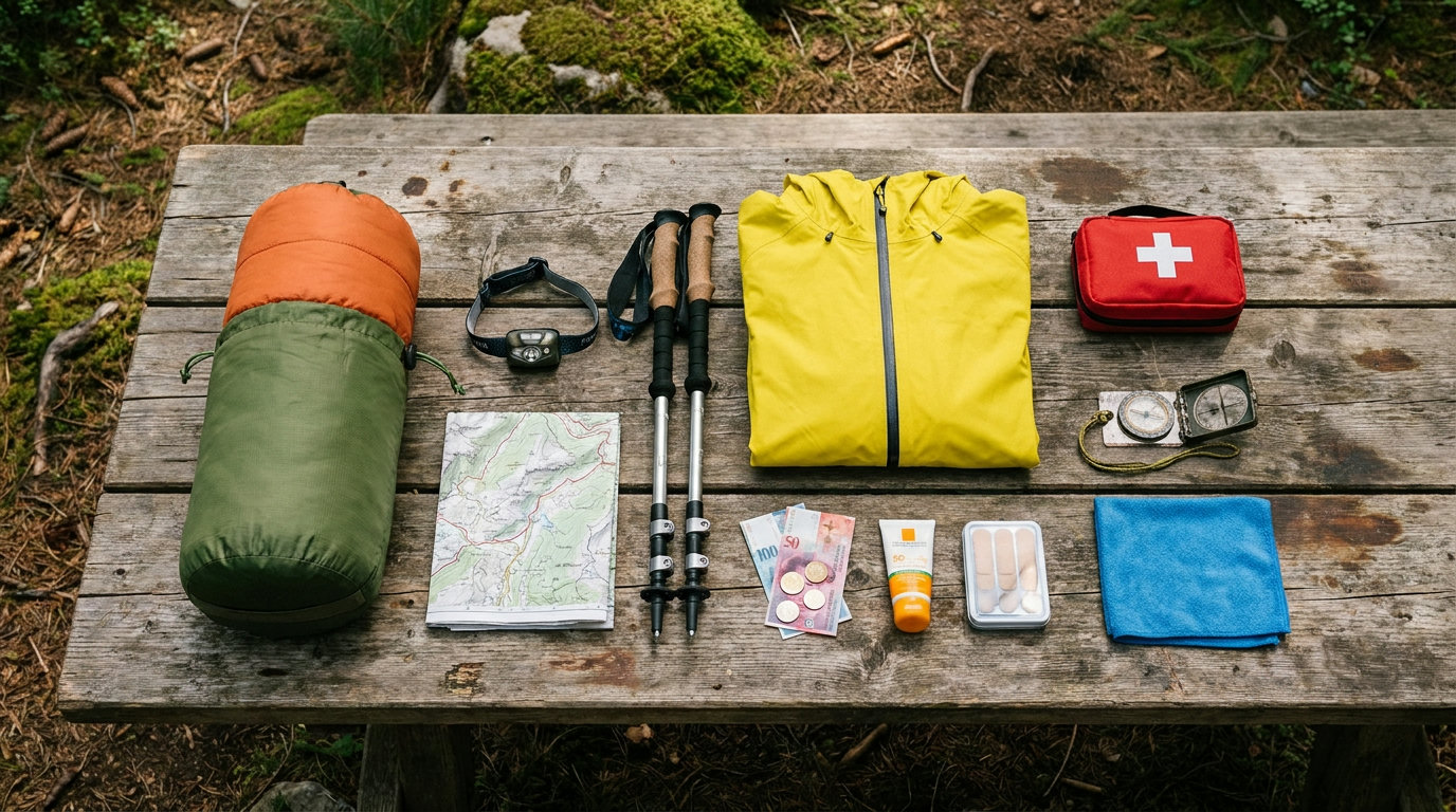 Hüttentouren-Ausrüstung ausgebreitet: Hüttenschlafsack, Stirnlampe, Regenjacke, Erste-Hilfe-Set und weitere Gegenstände auf einem Holztisch (KI-generierte Darstellung)