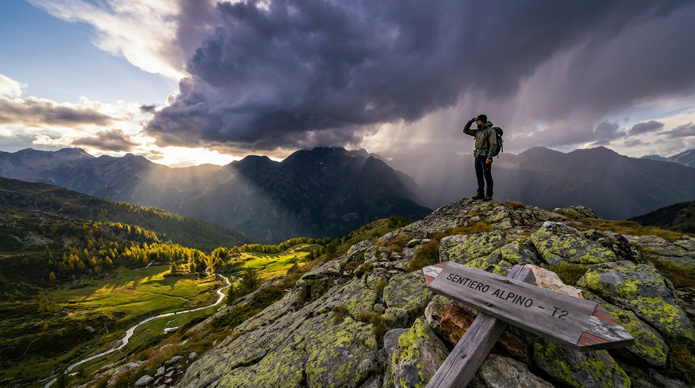 Aufziehendes Gewitter über einem Alpengrat – ein Wanderer beobachtet die herannahende Wetterfront (KI-generierte Darstellung)
