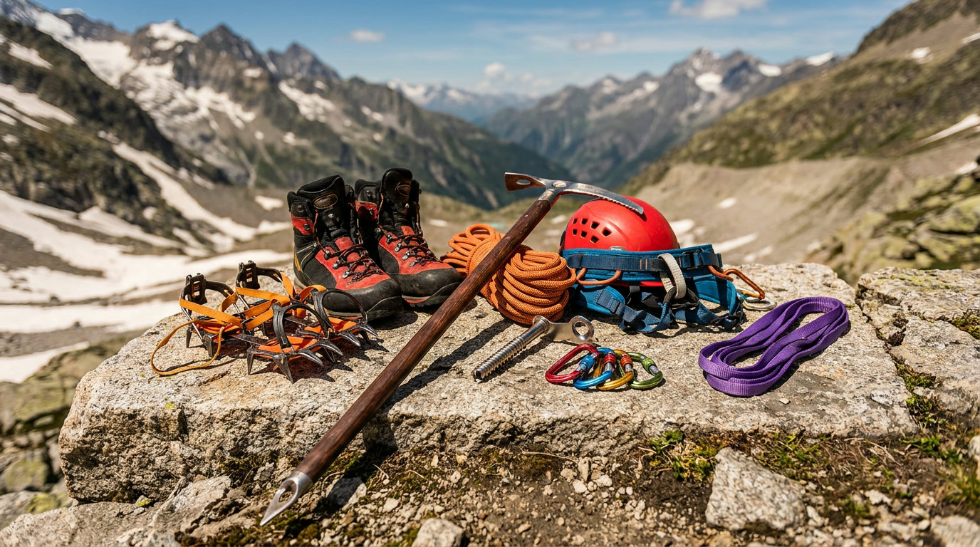 Hochtouren-Ausrüstung übersichtlich arrangiert: Bergschuh, Steigeisen, Pickel, Helm, Gurt, Seil, Eisschraube, Karabiner (KI-generierte Darstellung)