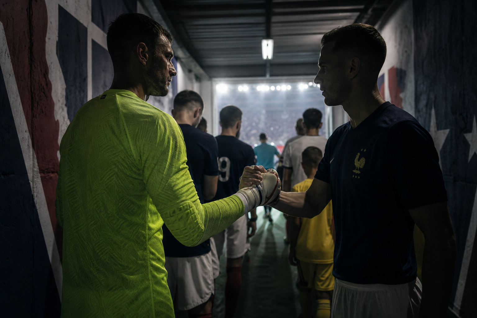 Zwei Fußballprofis führen ein ausgiebiges Aufwärm-Händeschütteln im Stadiontunnel durch