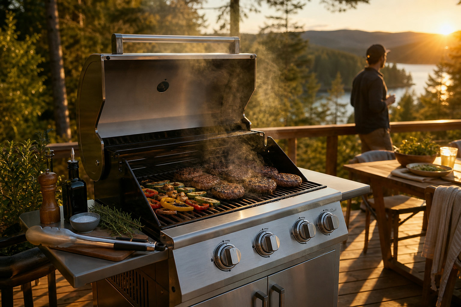 Gasgrill aus Edelstahl mit gegrillten Burgern auf einer Holzterrasse