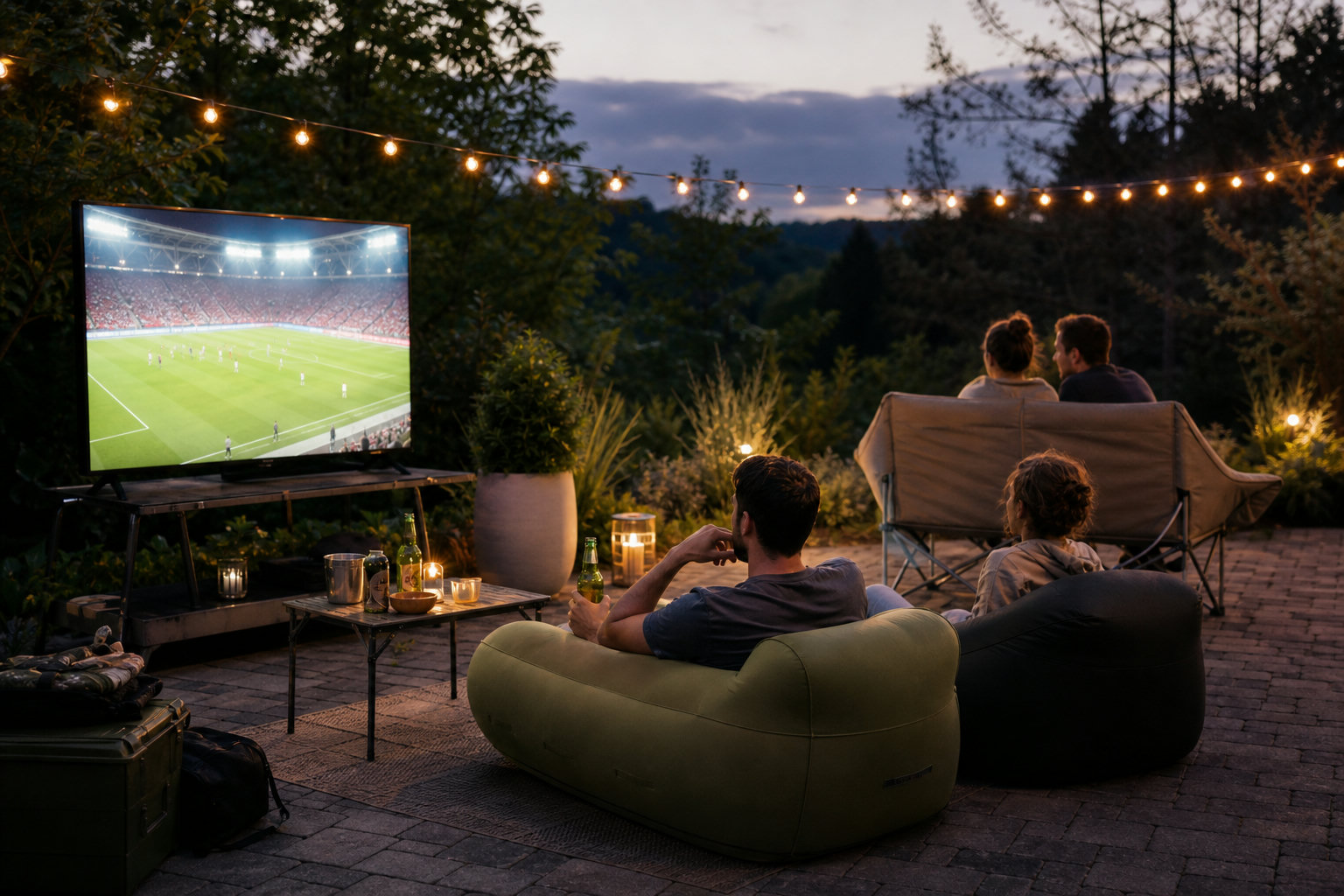 Großer Fernseher auf der Terrasse mit aufblasbaren Camping-Sesseln beim Public Viewing