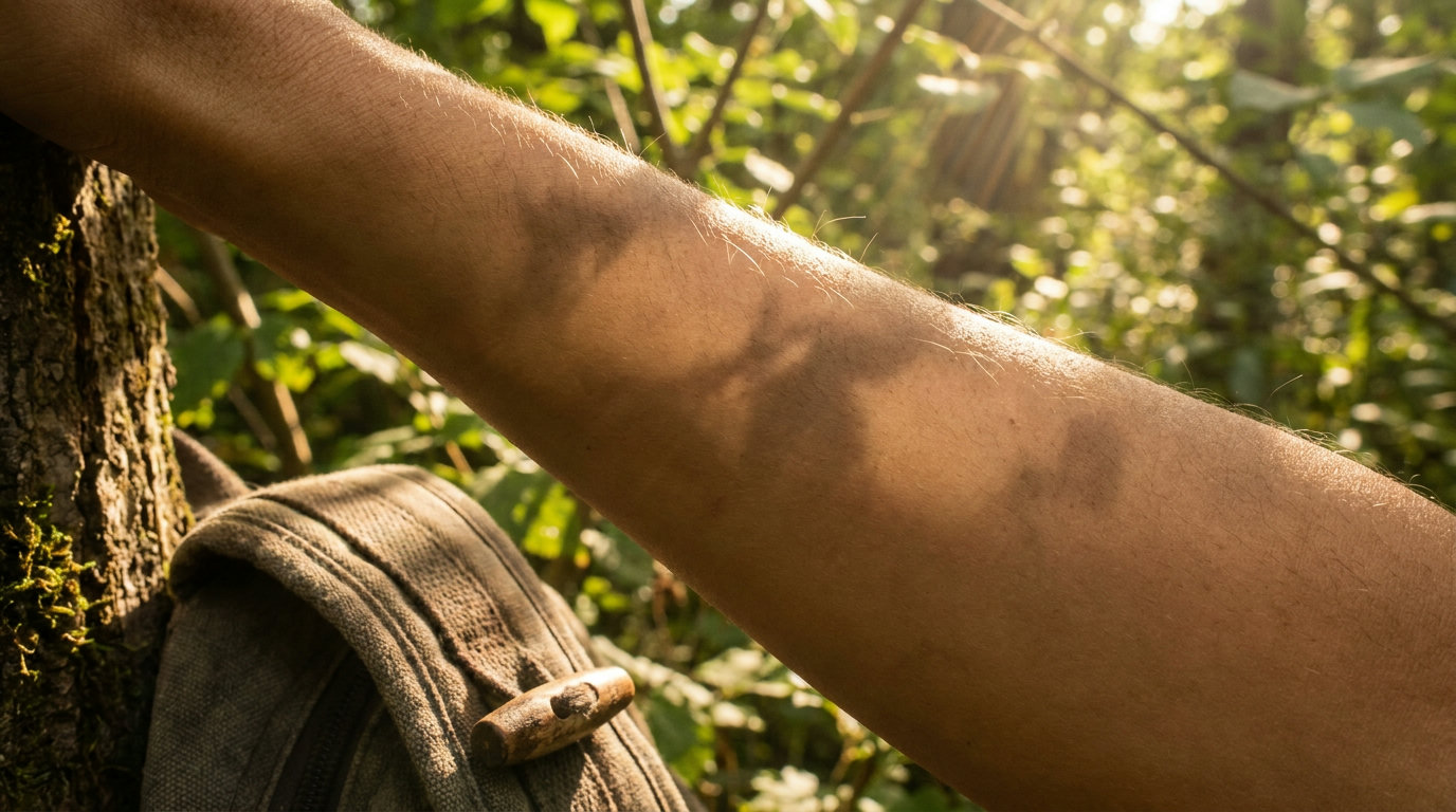 Nackter Unterarm im warmen Sonnenlicht mit Blaetterschatten auf der Haut (KI-generierte Darstellung)