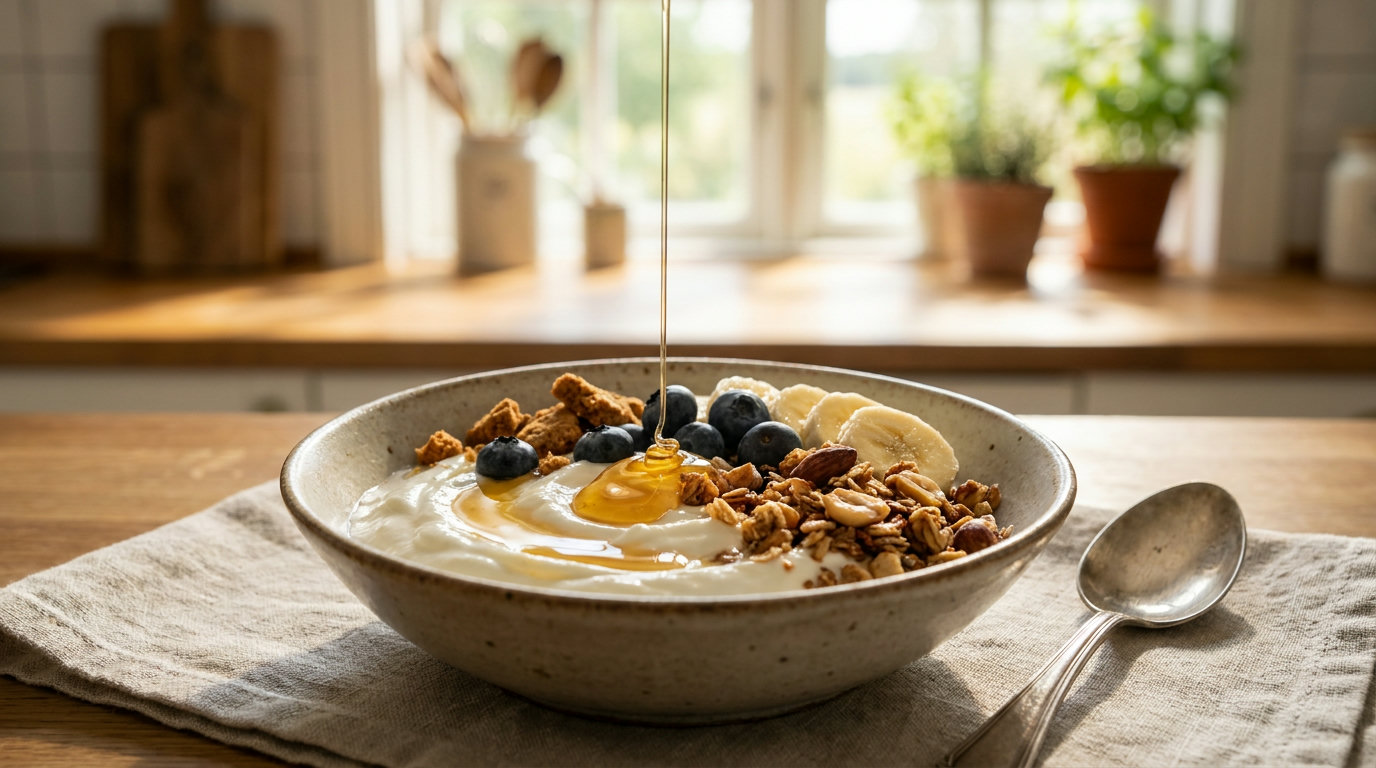 Schale cremiger Skyr mit Honig, Heidelbeeren, Bananen und Granola