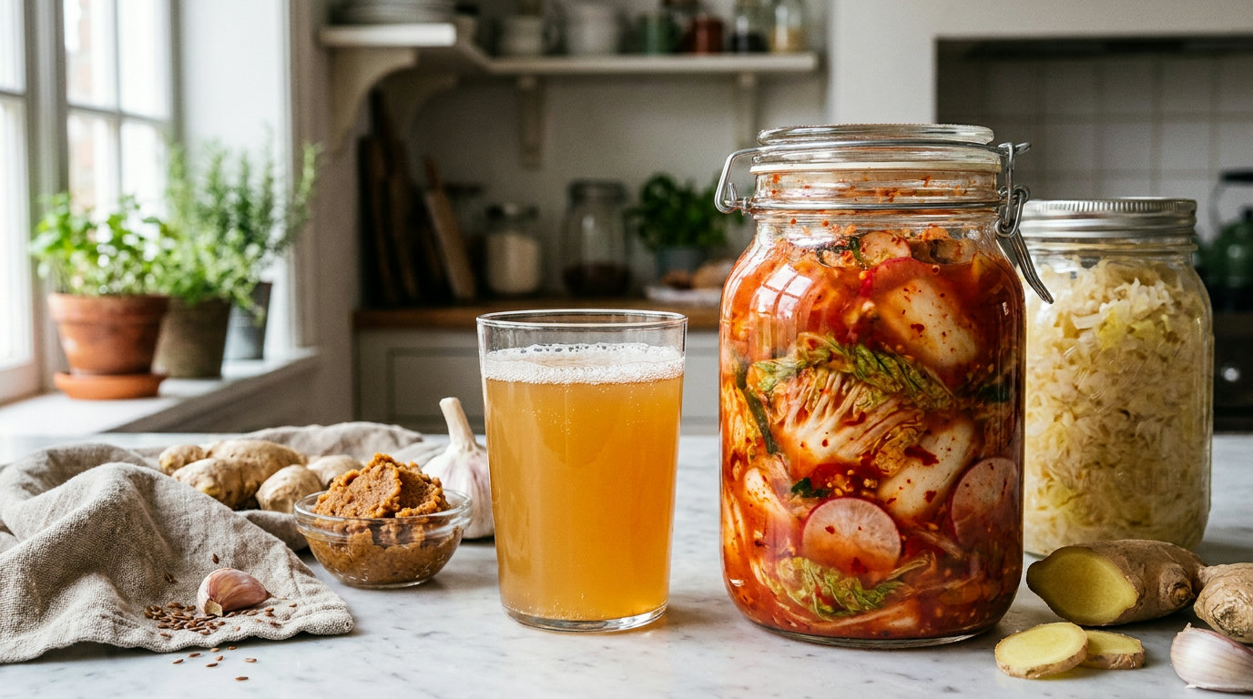 Einmachgläser mit Kimchi, Sauerkraut, Kombucha und Miso auf Marmor