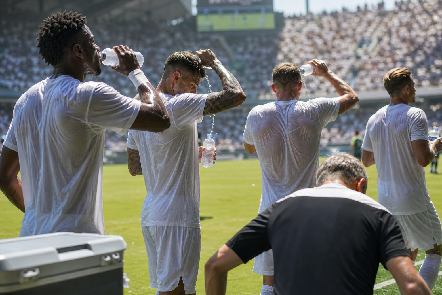 Fußballer trinken während einer Trinkpause bei großer Hitze am Spielfeldrand