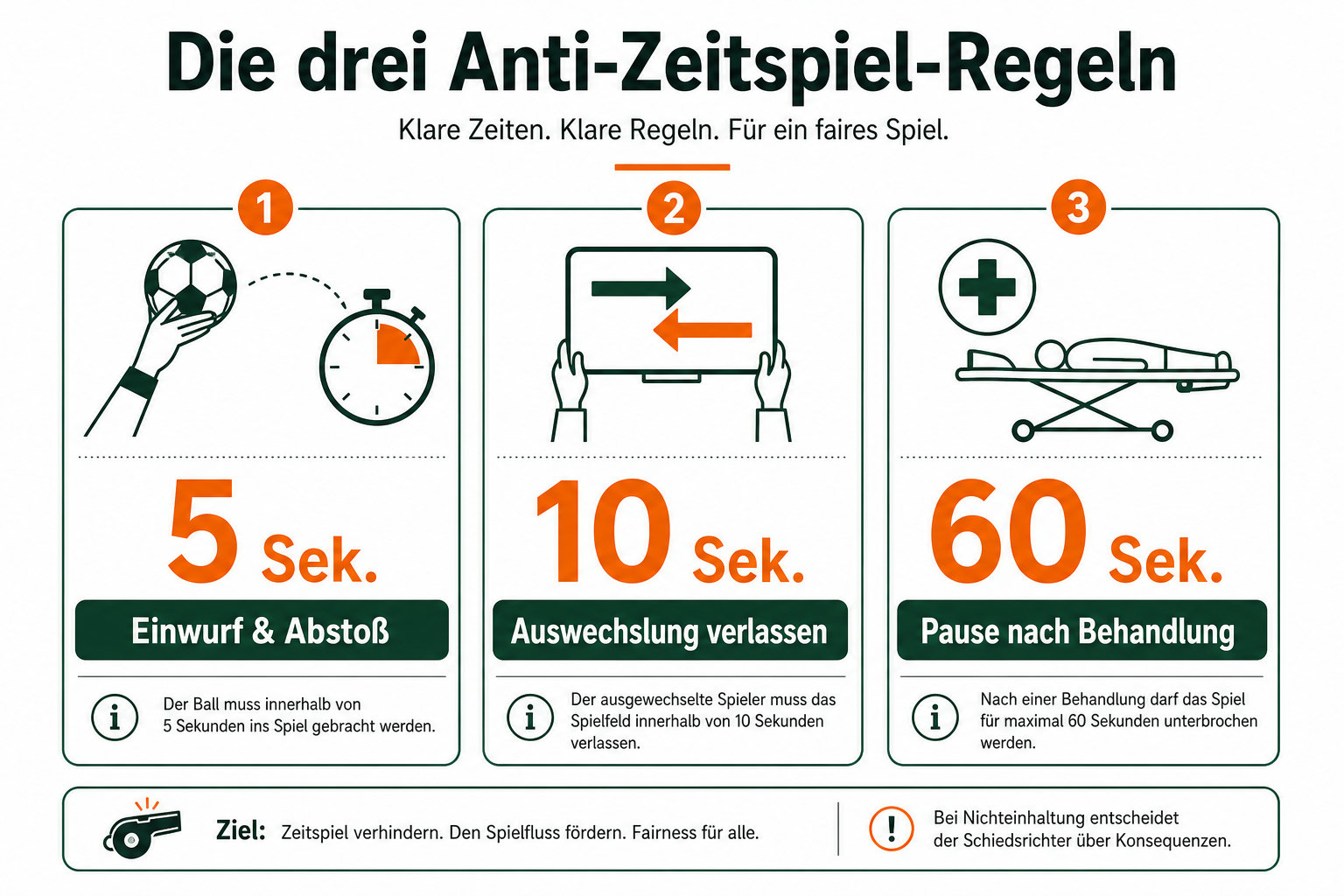 Infografik der drei Anti-Zeitspiel-Regeln: 5 Sekunden bei Einwurf und Abstoß, 10 Sekunden beim Auswechseln, 60 Sekunden Pause nach Behandlung