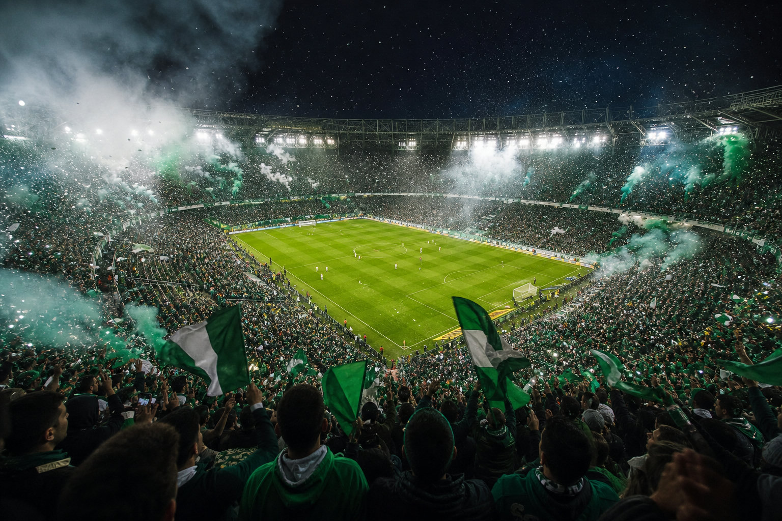 Ausverkauftes Stadion bei Flutlicht zum WM-Eröffnungsspiel, tobende Fans und Konfetti über dem Rasen (KI-generierte Darstellung)