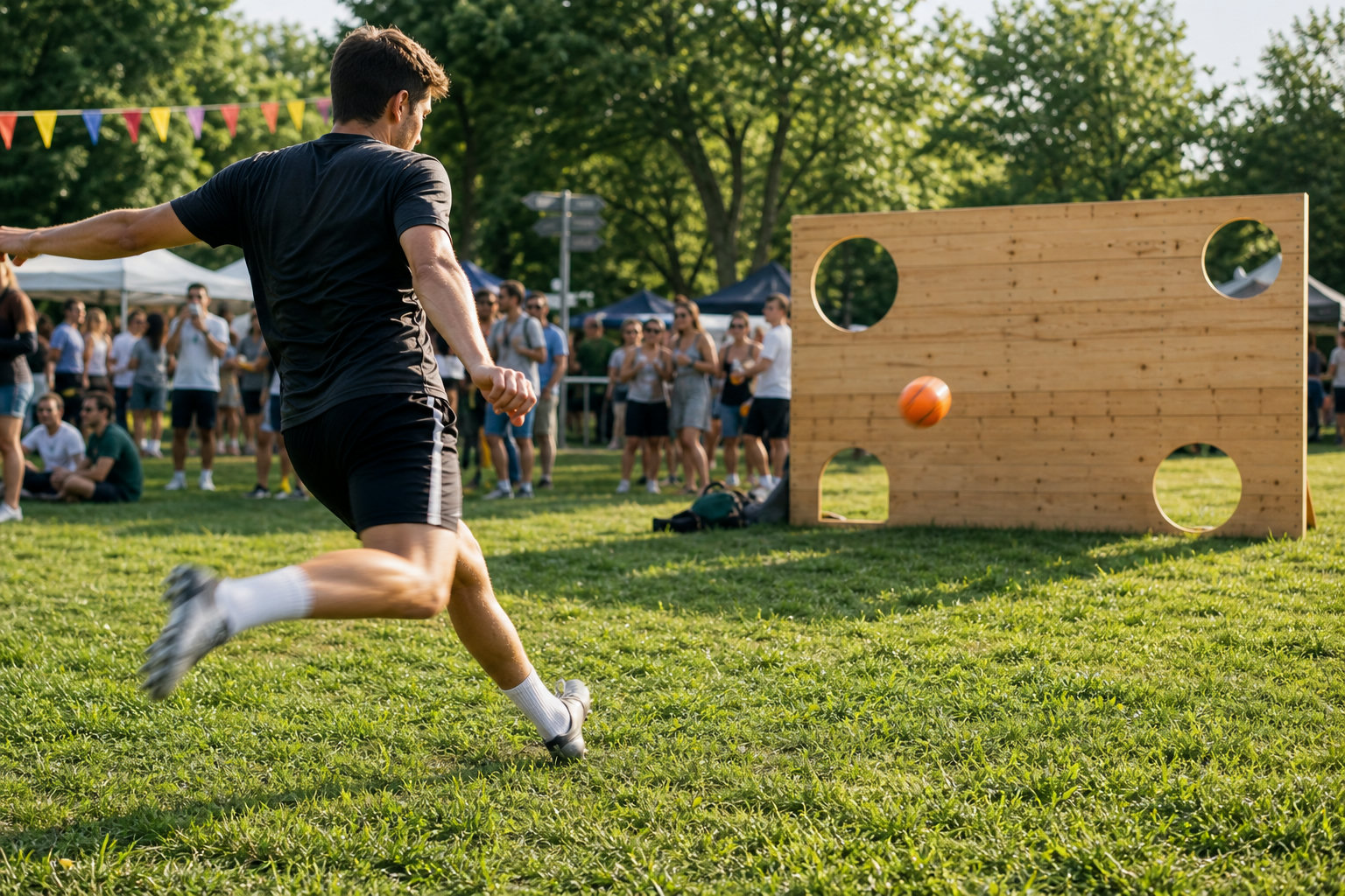 Junger Amateurspieler schießt bei einem Sommer-Fußballfest auf eine Torwand mit runden Löchern (KI-generierte Darstellung)