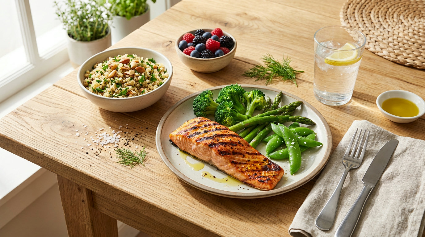 Eiweißreiche Mahlzeit mit Lachs, grünem Gemüse, Quinoa und Beeren auf hellem Holztisch von oben