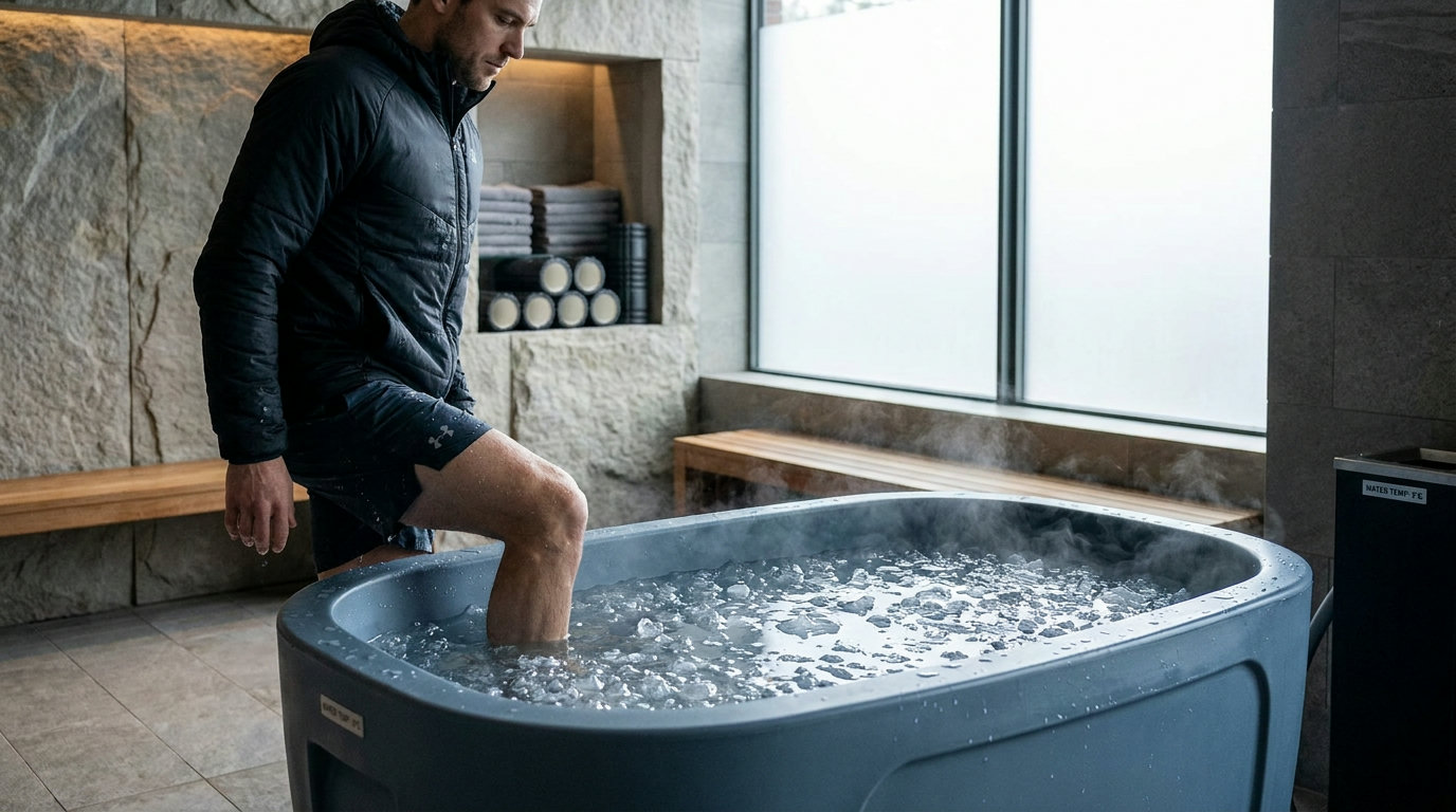 Sportler steigt in ein mit Eiswürfeln gefülltes kaltes Wasserbad zur Regeneration