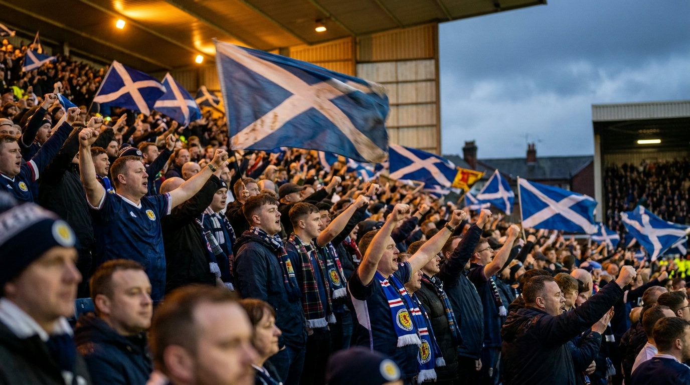 Schottische Fans schwenken Saltire-Flaggen in einer vollen Stadionkurve