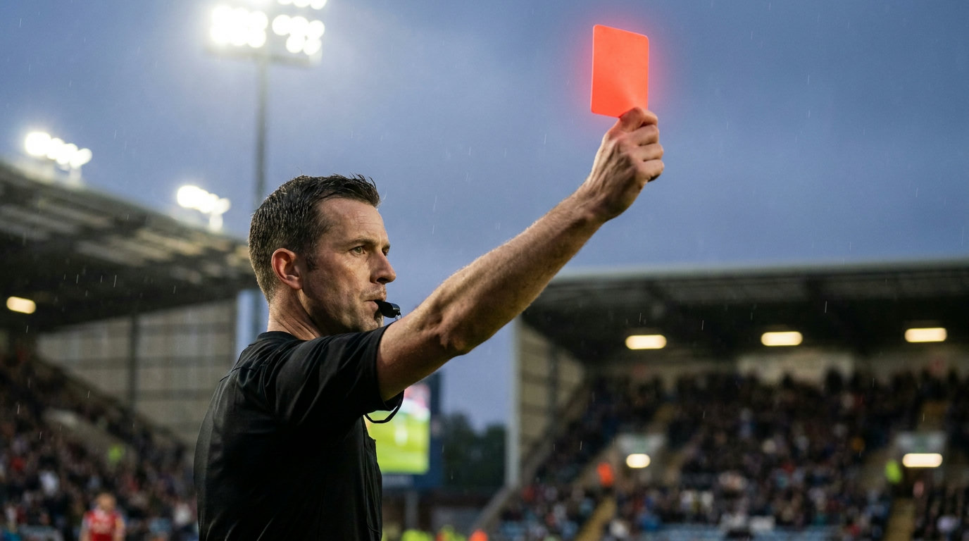 Schiedsrichter hält die Rote Karte hoch im Flutlichtstadion