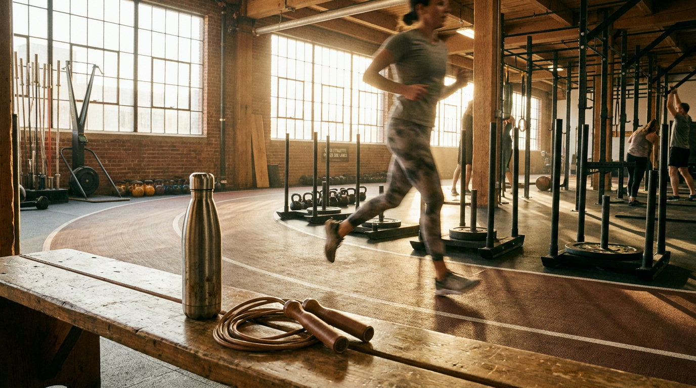 Person beim Lauftraining in einem Functional-Fitness-Studio