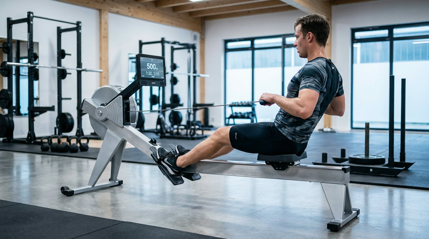 Person an einem modernen Rudergeraet in einem Fitnessstudio