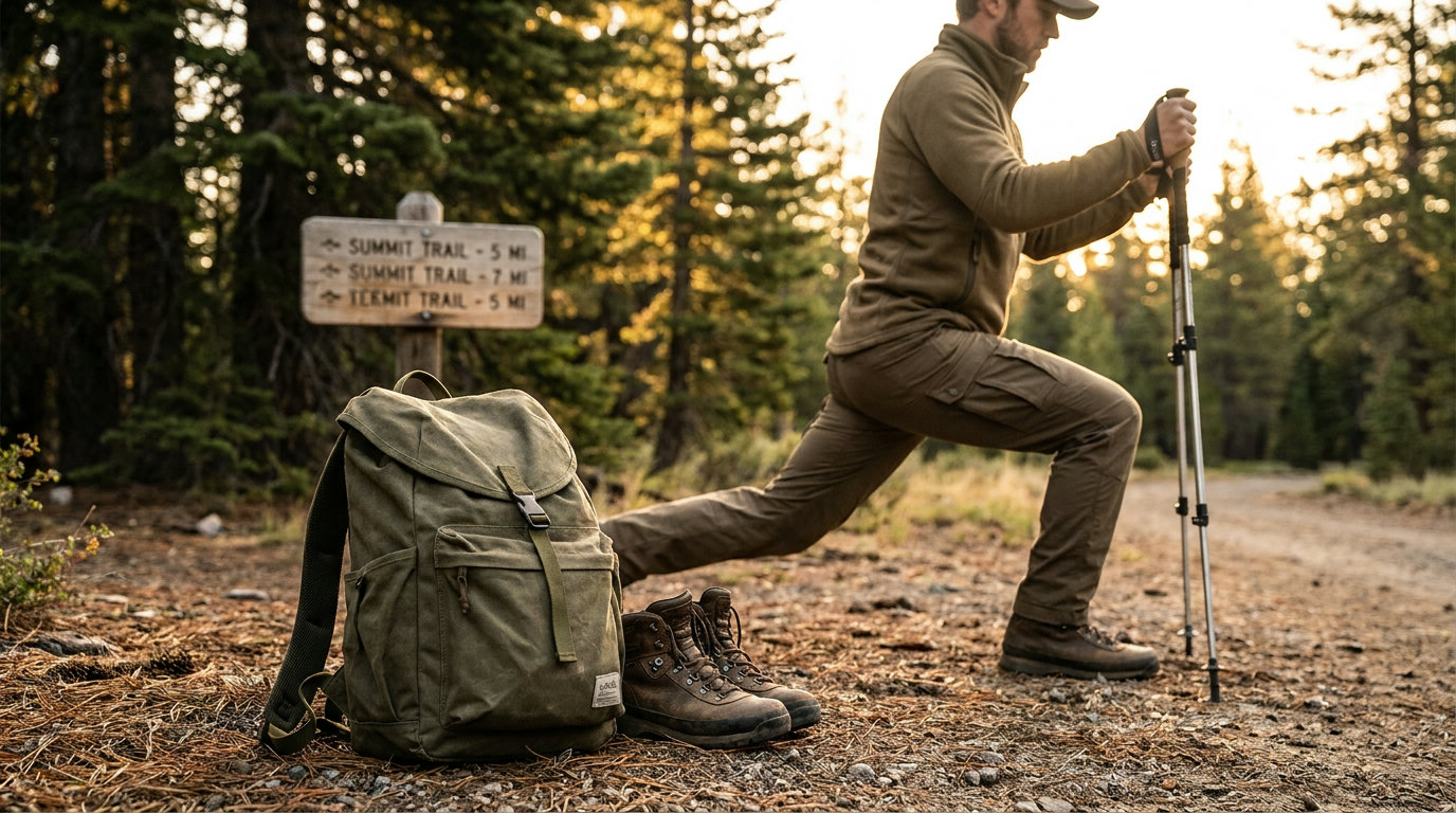 Wanderin macht dynamischen Ausfallschritt mit Wanderstöcken am Startpunkt einer Bergtour (KI-generierte Darstellung)