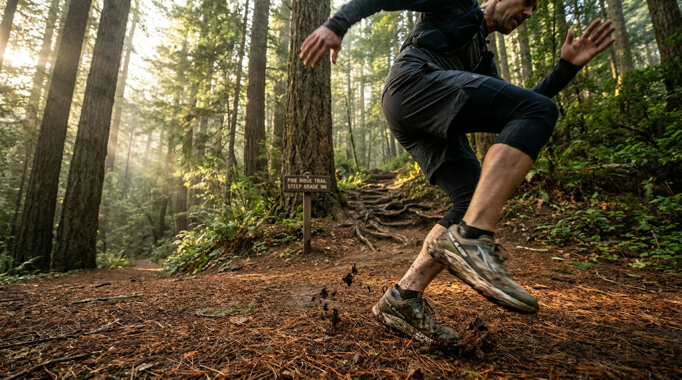 Trailrunner macht Kniehebelauf als Aktivierung auf einem flachen Waldweg (KI-generierte Darstellung)