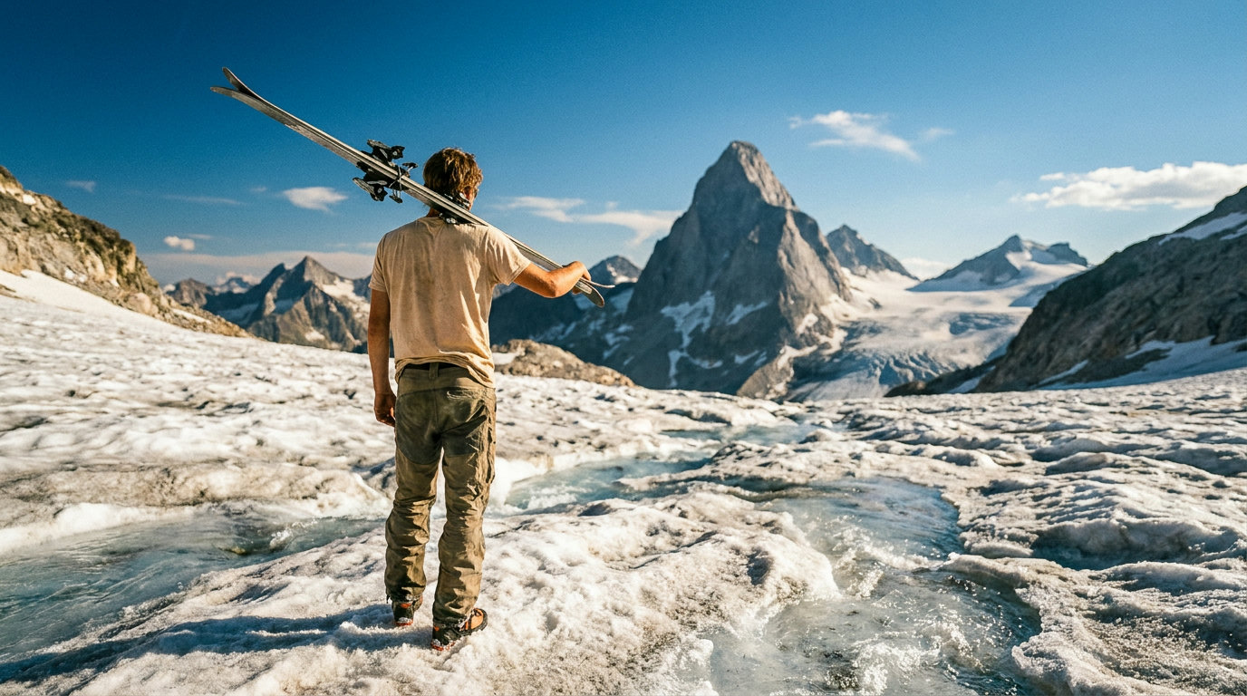Skifahrer blickt auf dem Gletscher auf eine markante pyramidenförmige Felsspitze (KI-generierte Darstellung)