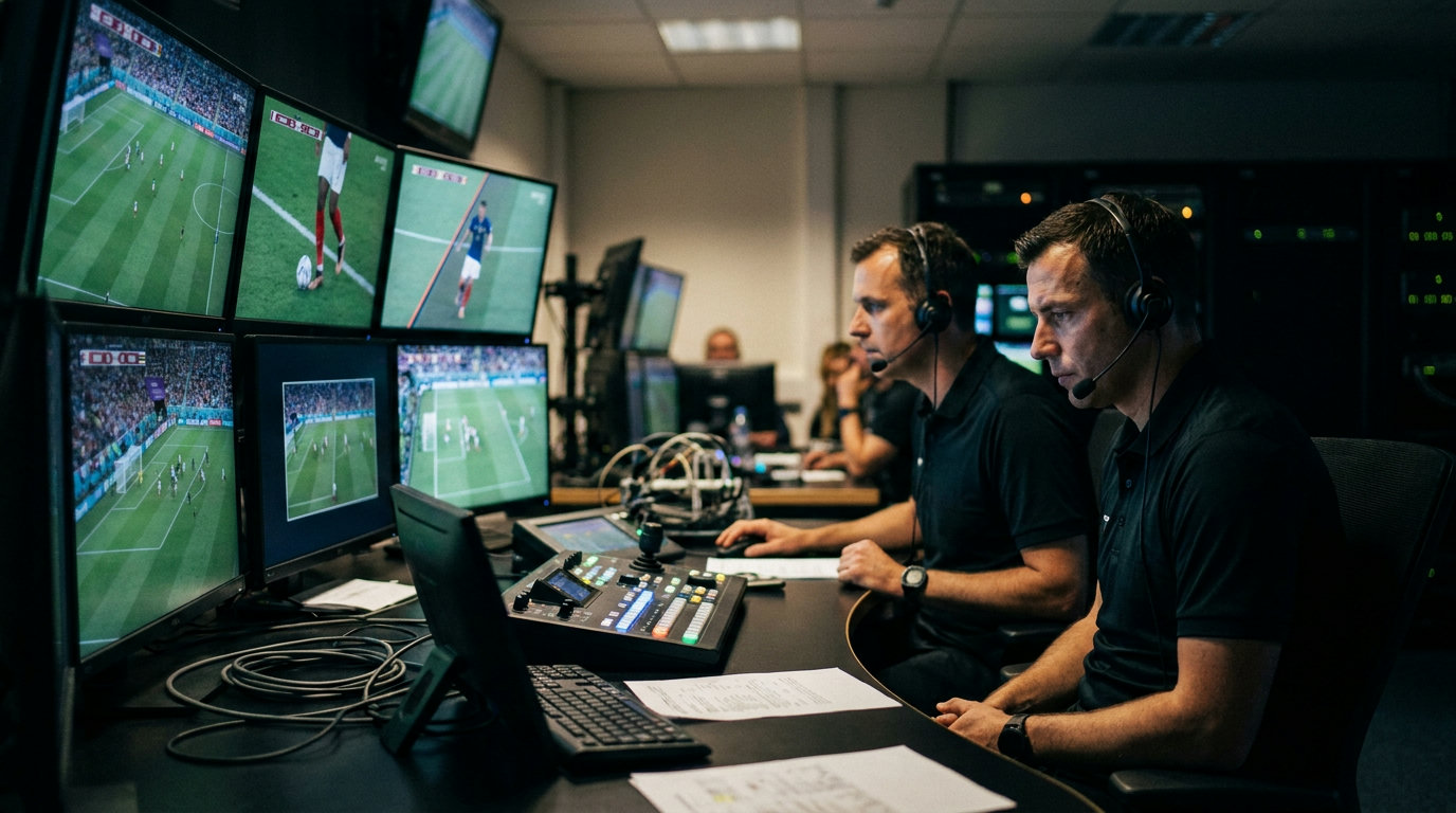 Zwei Video-Assistent-Schiedsrichter sitzen vor mehreren Bildschirmen in der VAR-Zentrale und werten verschiedene Kameraperspektiven einer Spielszene aus