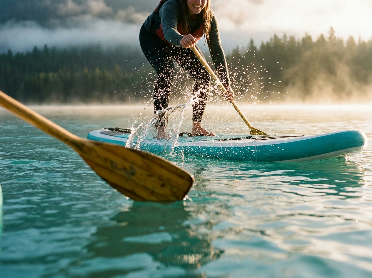 Person balanciert konzentriert und lächelnd auf einem Stand-Up-Paddle-Board auf einem ruhigen türkisfarbenen See im Morgennebel (KI-generierte Darstellung)
