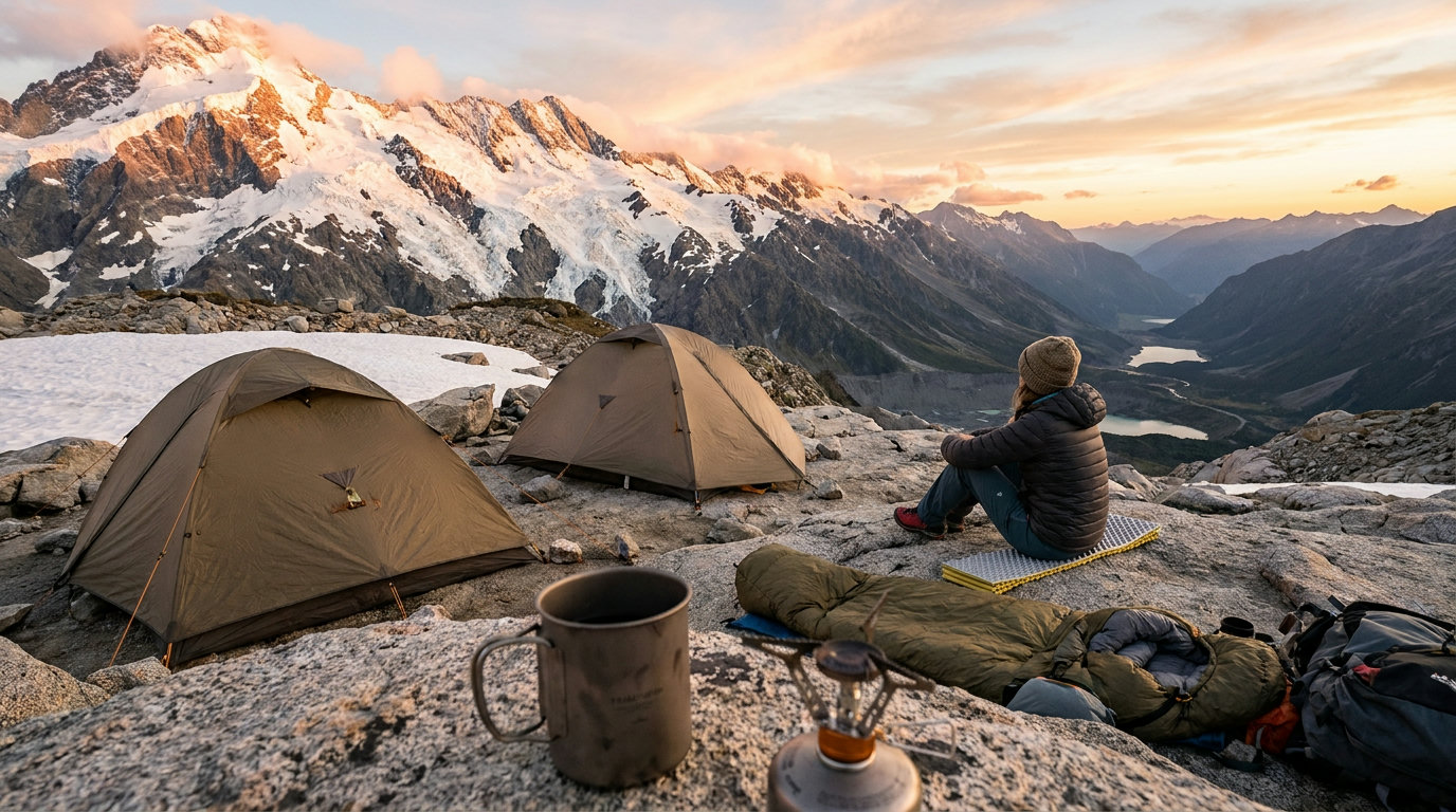 Hochlager mit Zelten vor schneebedeckter Bergkette im Abendlicht (KI-generierte Darstellung)