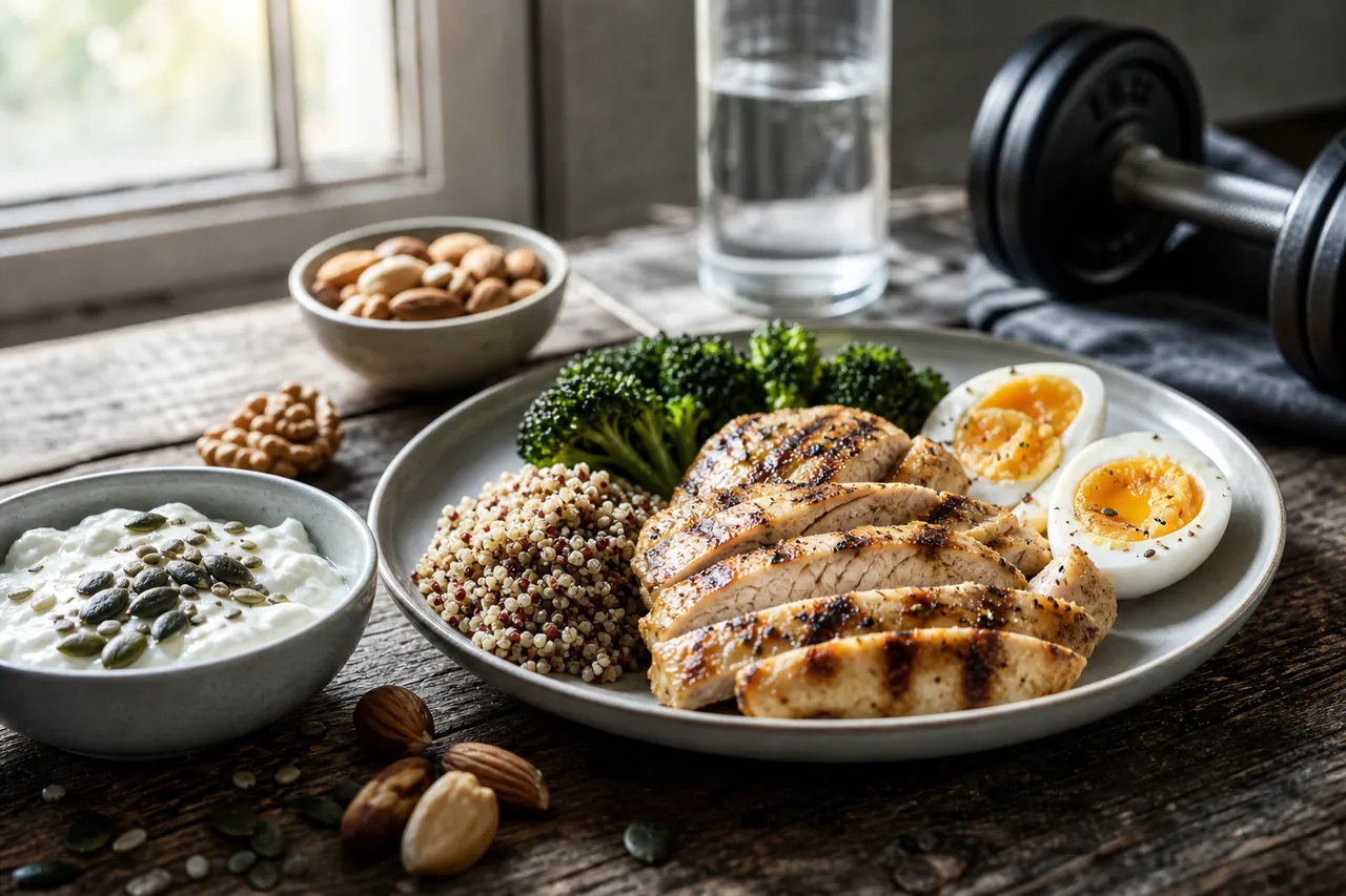 Proteinreicher Sportler-Teller mit Hähnchen, Eiern, Nüssen und Joghurt