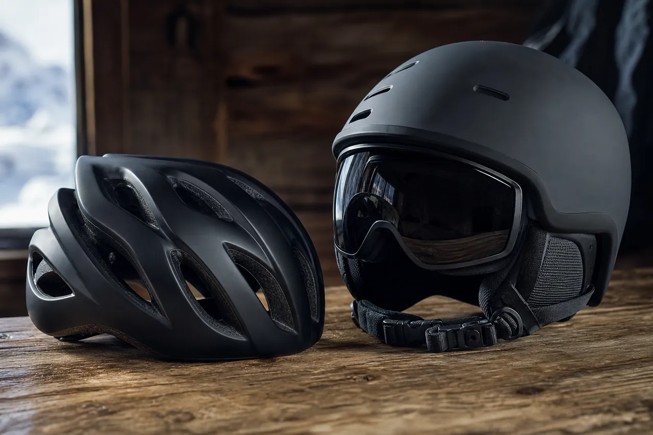 Fahrrad- und Skihelm auf Holz – Sicherheitsausrüstung