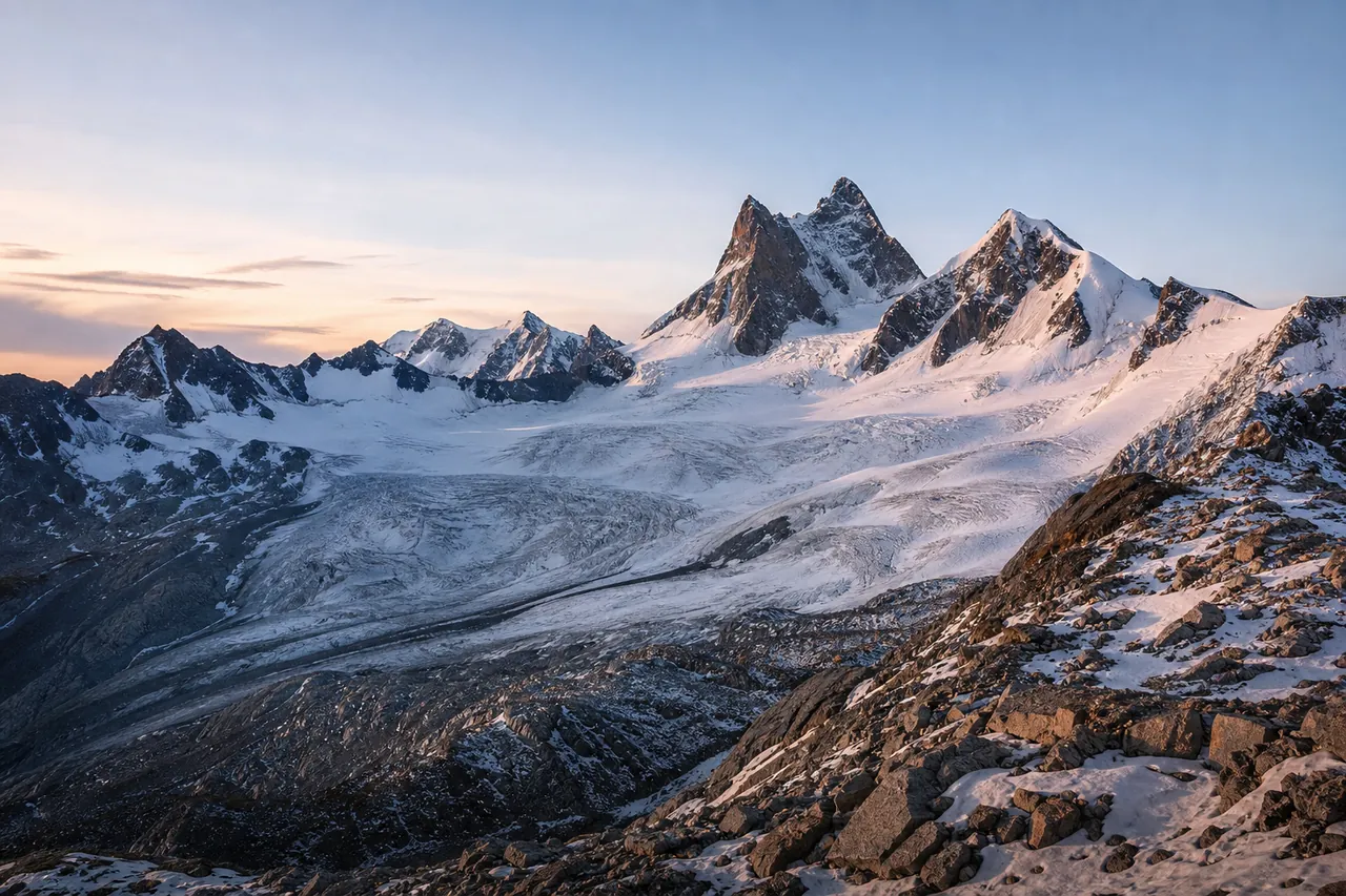 Alpine Berglandschaft mit Gletscher im Morgenlicht
