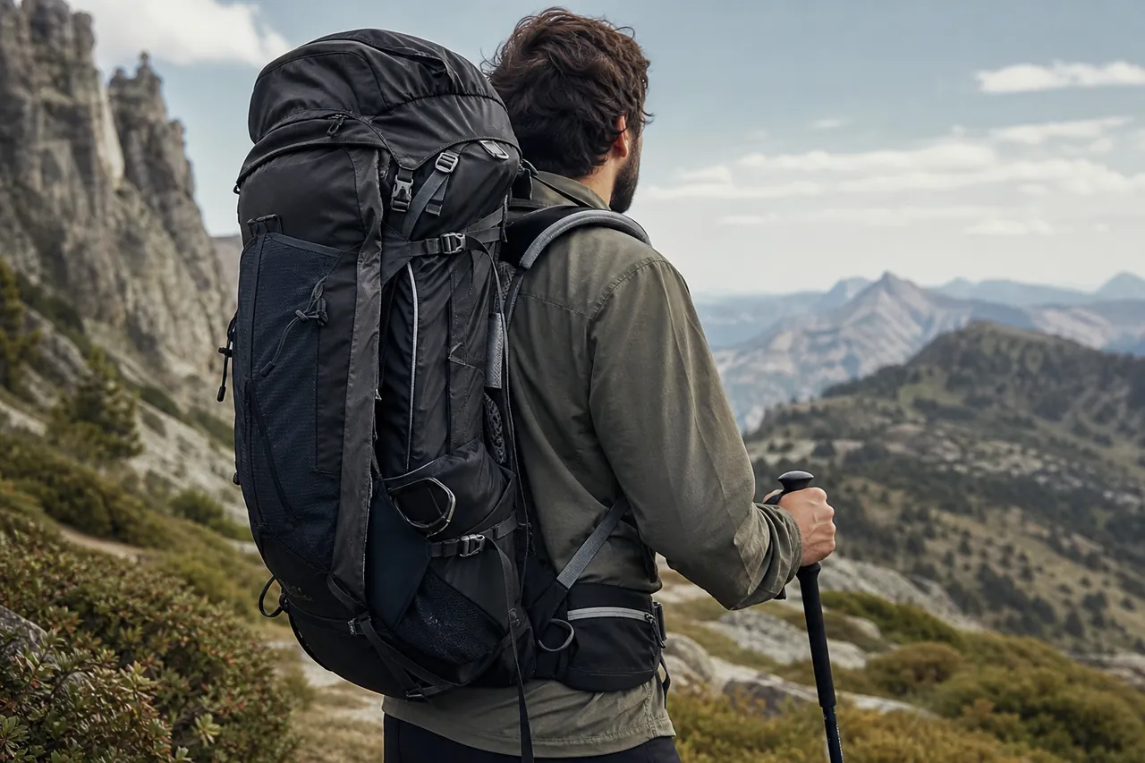 Wanderer mit Trekkingrucksack und sichtbarem Tragesystem im Gebirge