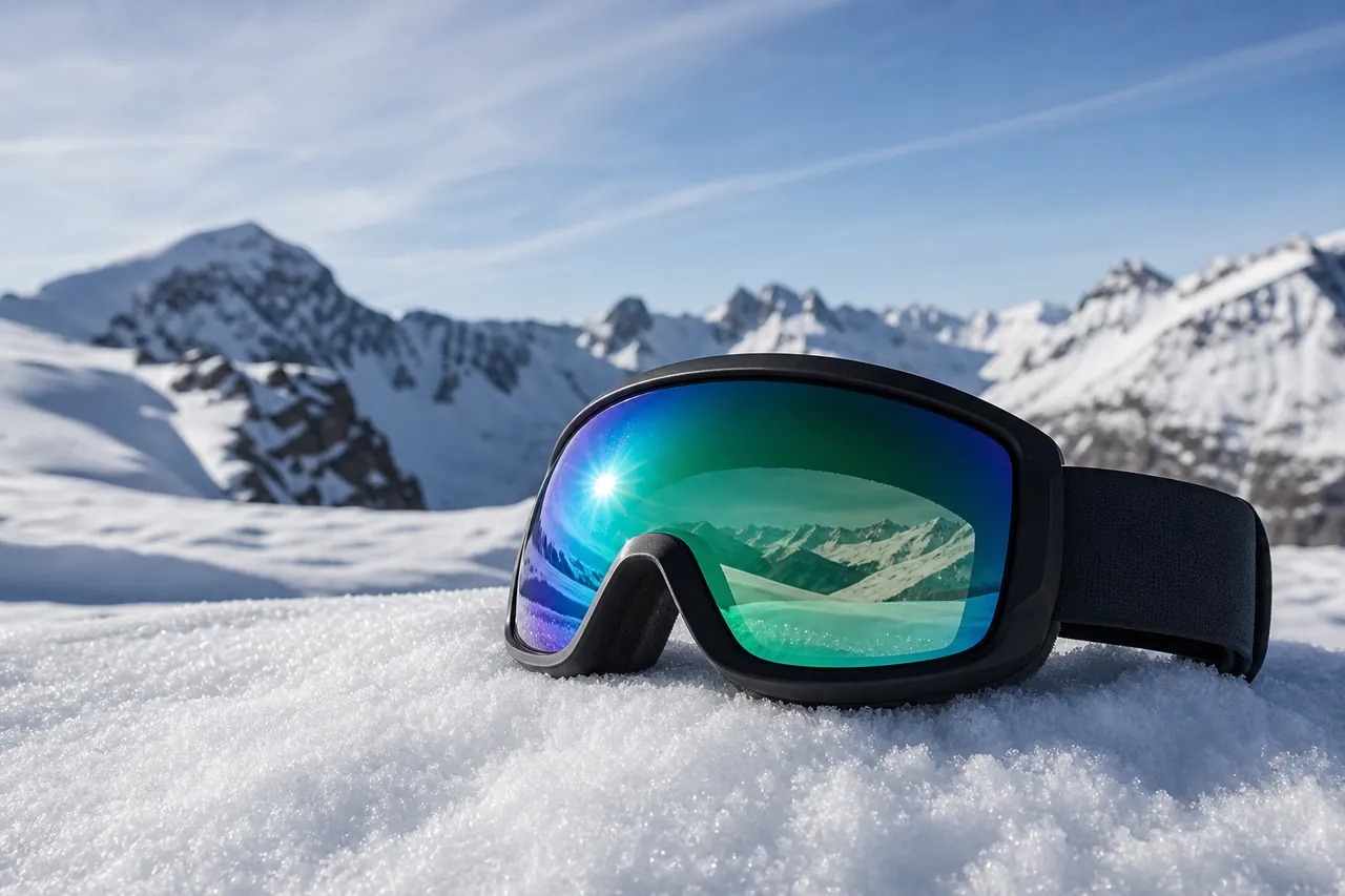 Skibrille im Schnee, die die Berge spiegelt – Physik der Sicht