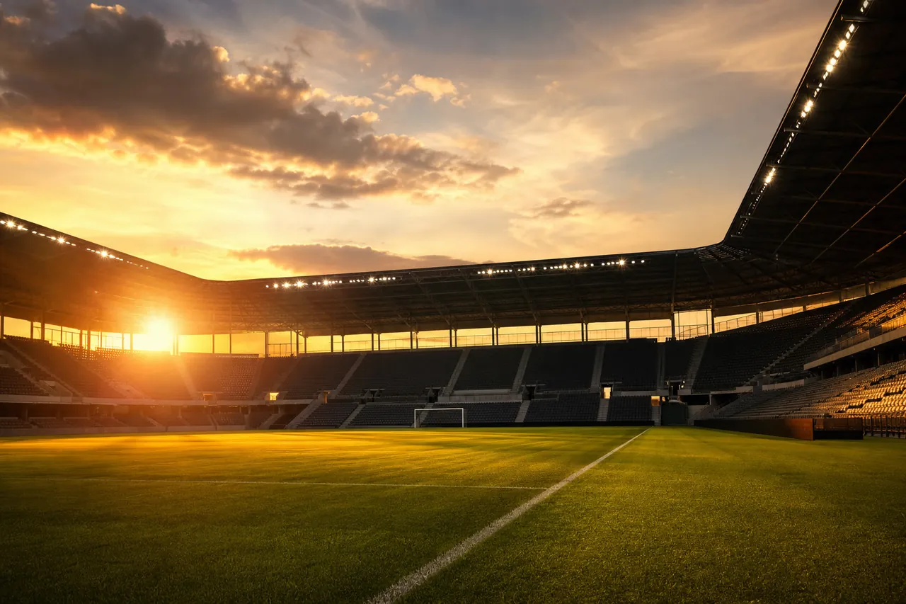 Modernes Fußballstadion im goldenen Abendlicht mit sattgrünem Spielfeld