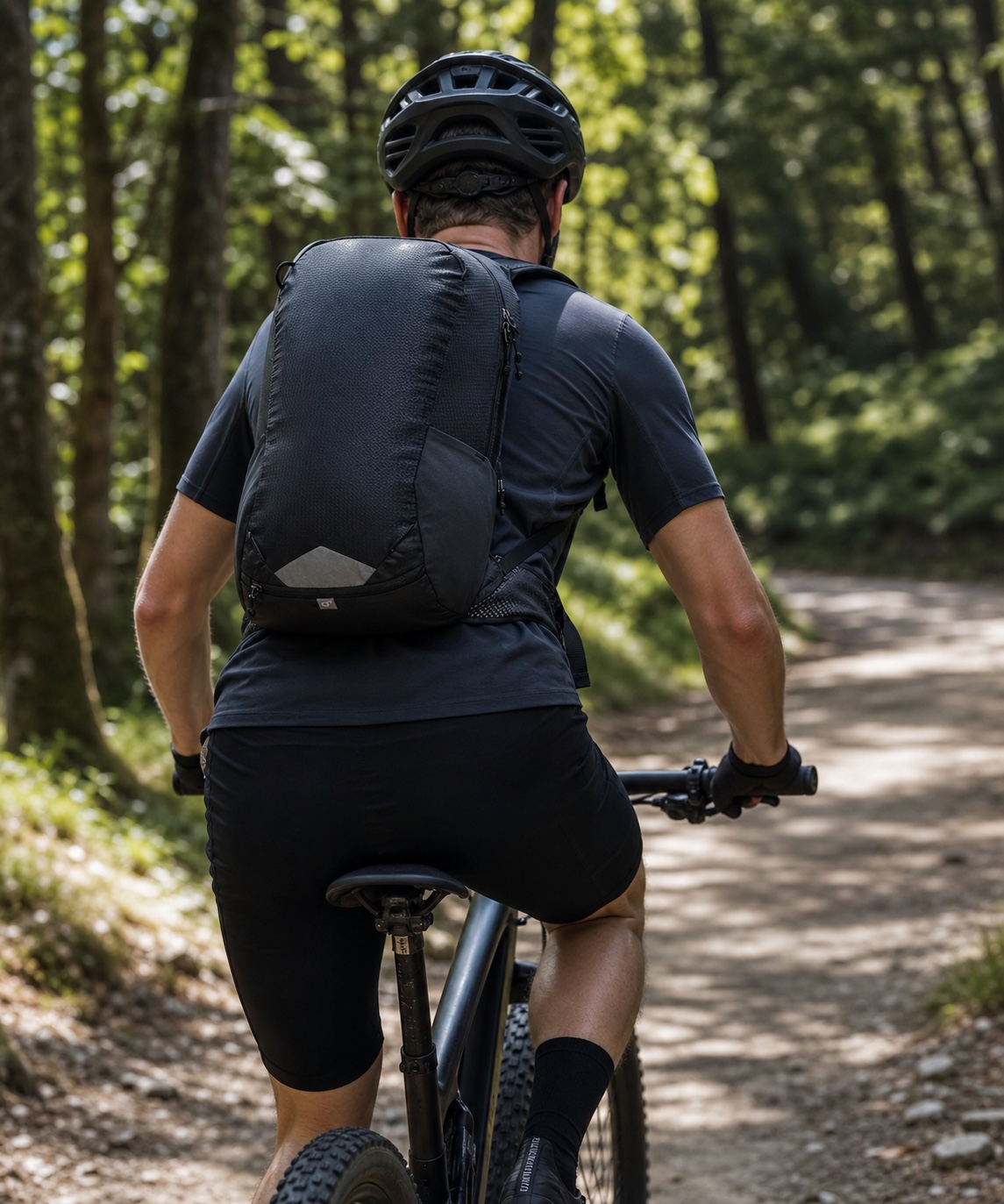 Deuter Race 16 beim Mountainbiken auf einem Waldtrail