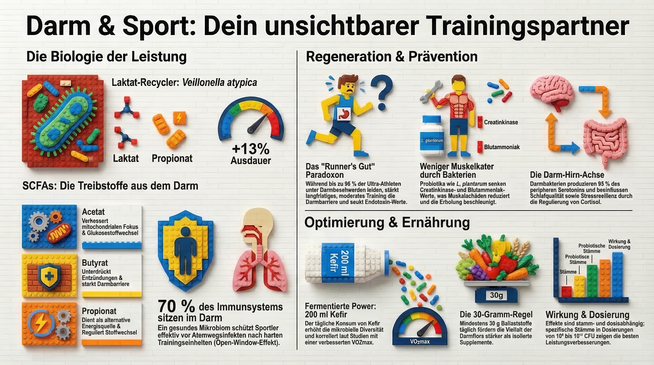 Infografik: Darm und Sport – SCFAs als Treibstoffe, Runner's Gut Paradoxon, Probiotika für Regeneration, Darm-Hirn-Achse und Ernährungsoptimierung im Lego-Stil