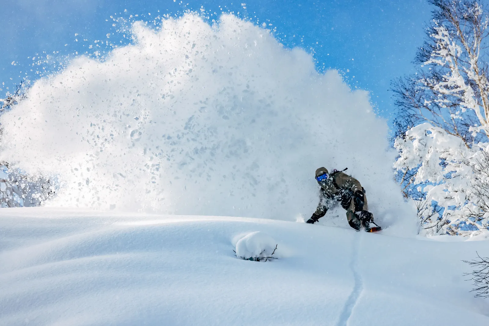 Snowboarder in Protest-Skibekleidung zieht eine Pulverschneefahne im Tiefschnee