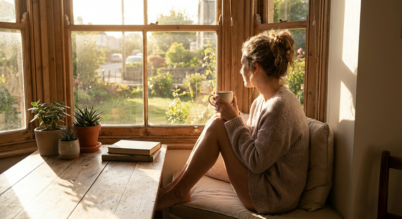 Frau sitzt morgens am Fenster mit Tasse Kaffee und schaut in natürliches Tageslicht
