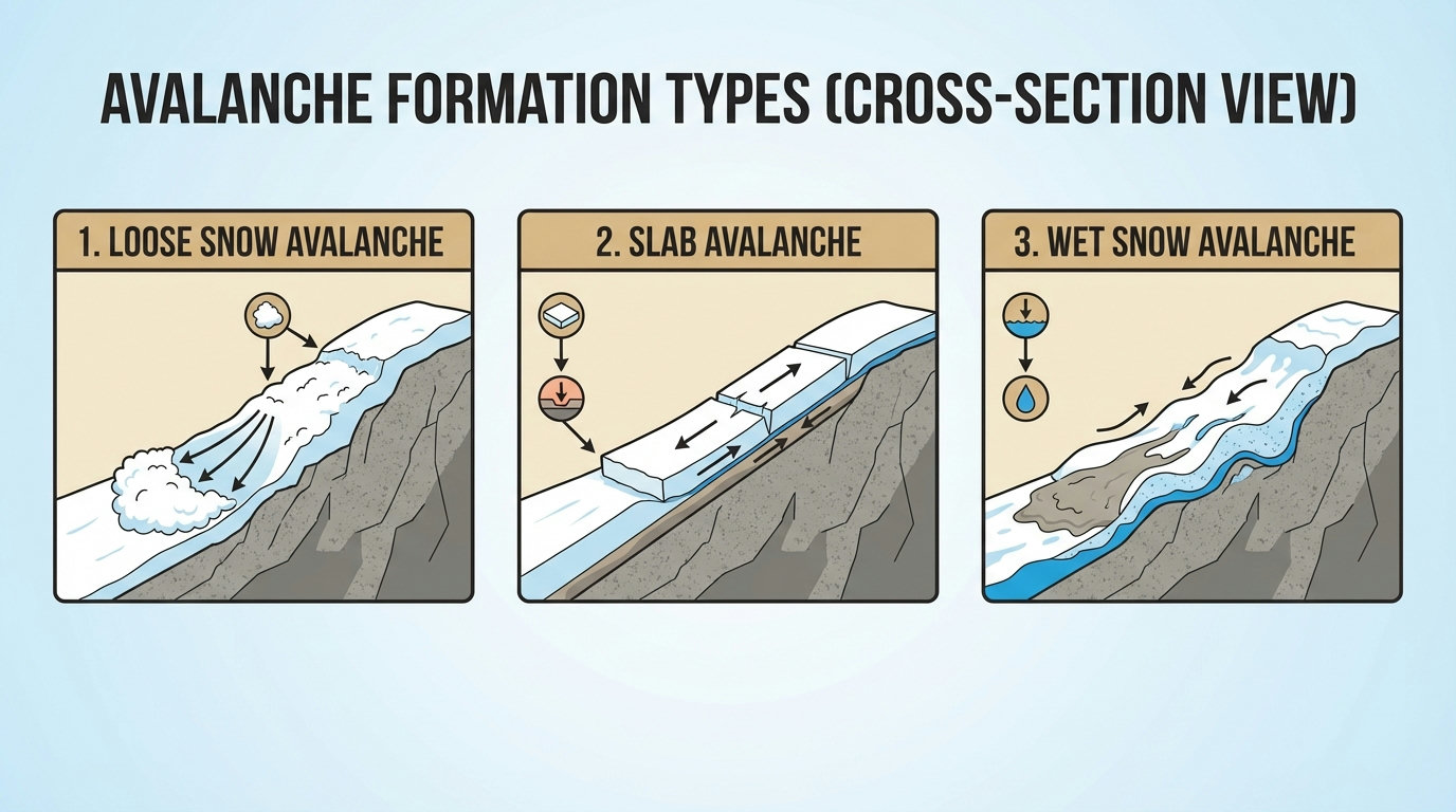 Infographic of the different avalanche types (AI-generated image)