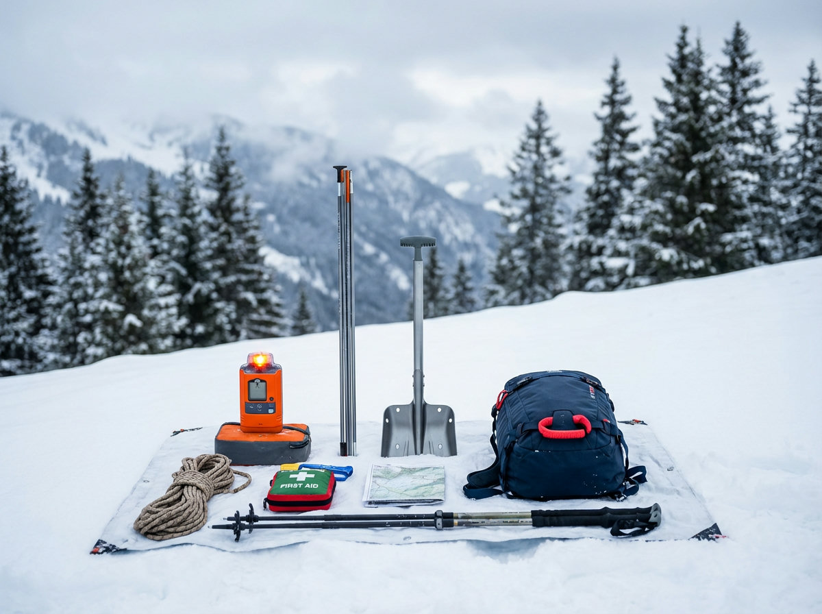 Complete avalanche emergency kit (AI-generated image)