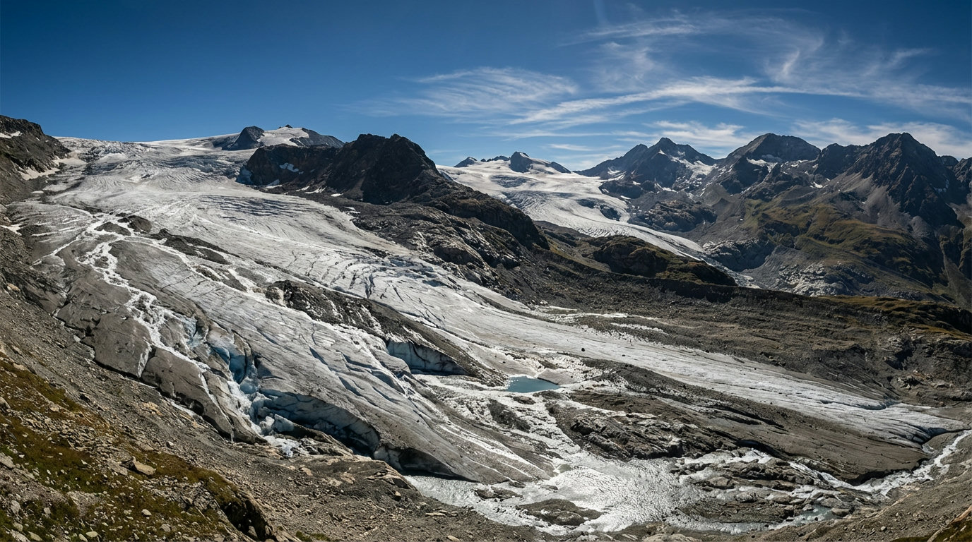 Alpine glacier melting, with meltwater streams and exposed rock (AI-generated image)
