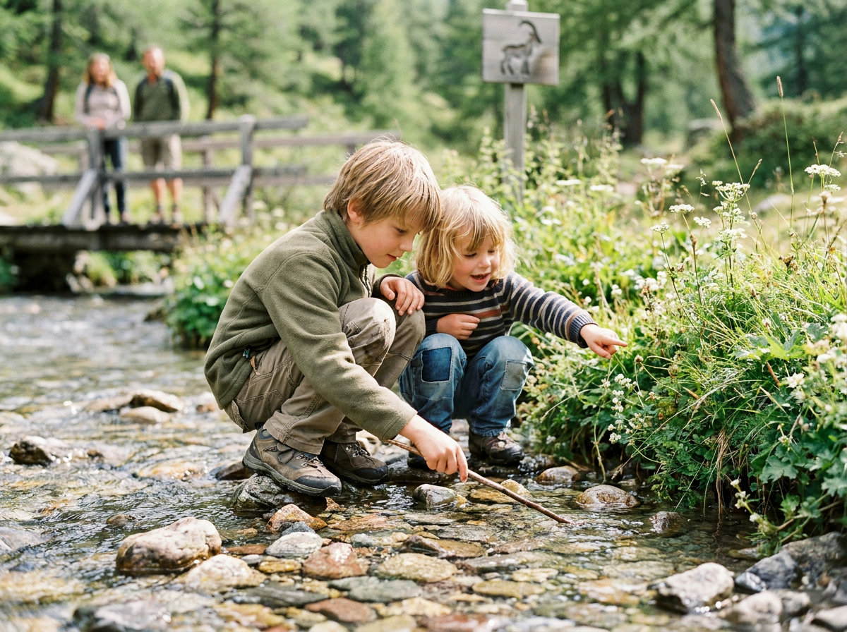 Two children intently watching a mountain stream beside the trail during a family hike (AI-generated image)