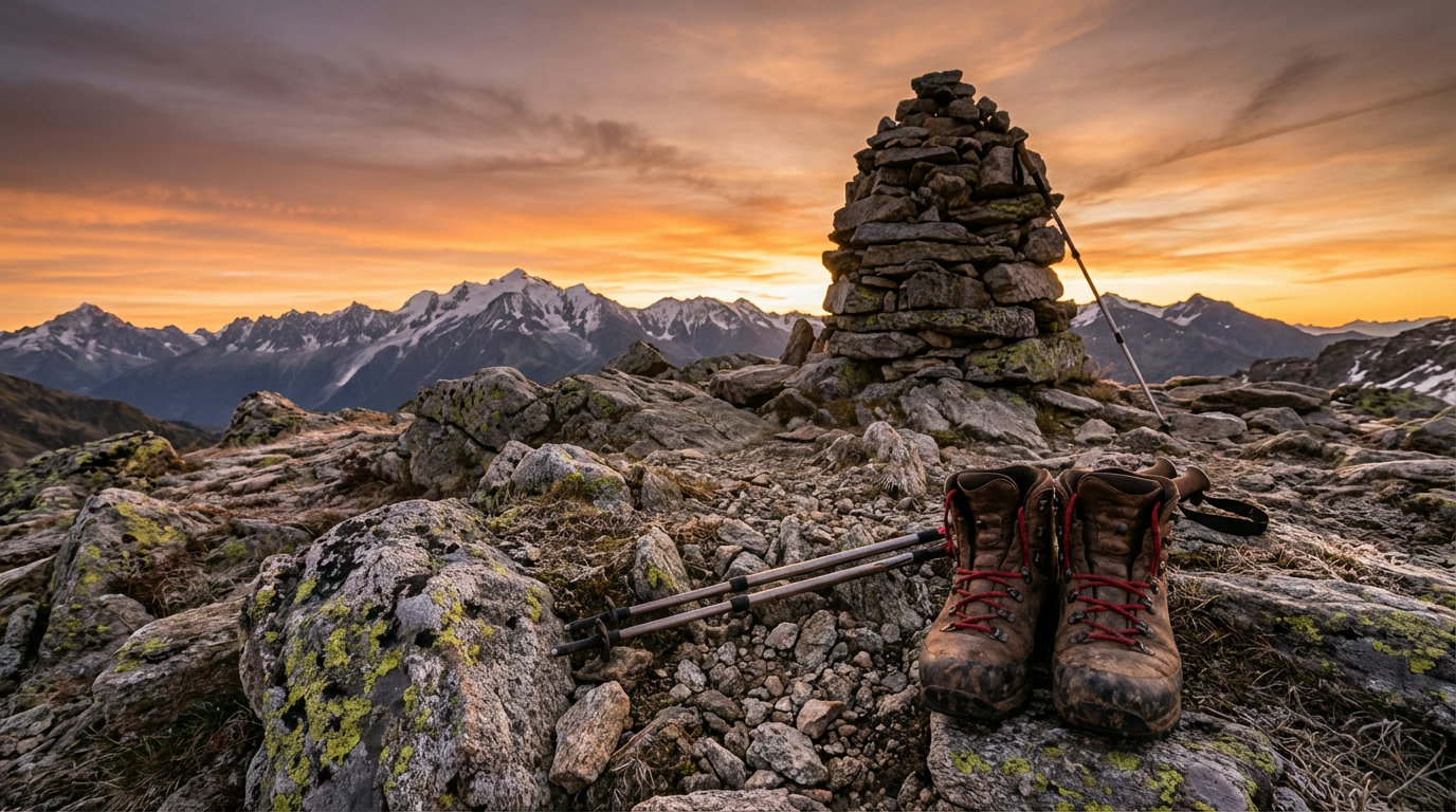 Hiking boots on a rocky summit with a cairn and an Alpine panorama behind (AI-generated image)