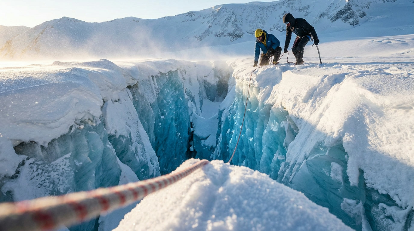 Crevasse with blue ice, two roped climbers at the edge using ice axes for protection (AI-generated image)