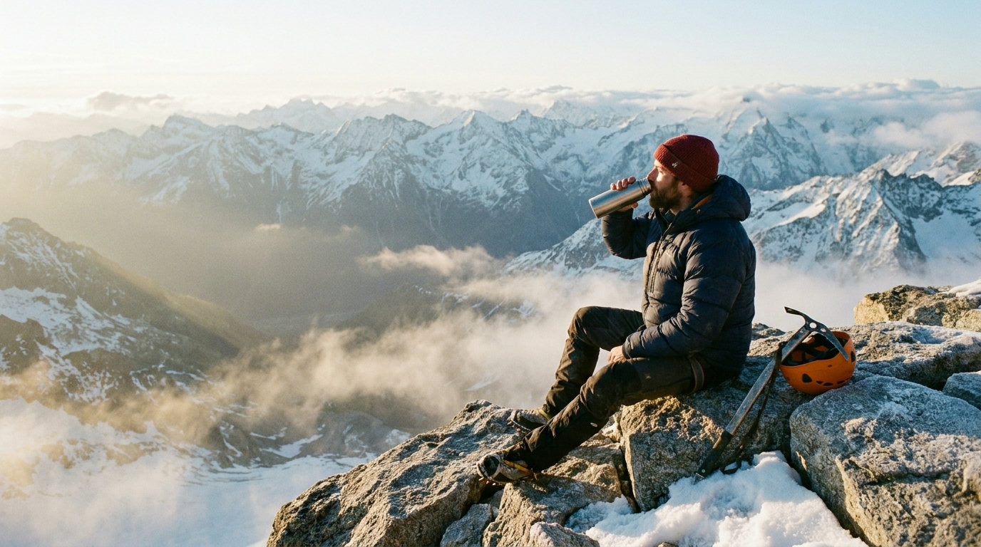 Exhausted mountaineer sitting on a rocky ledge at 4,000 metres, drinking from an insulated bottle, snow-covered Alpine peaks behind (AI-generated image)