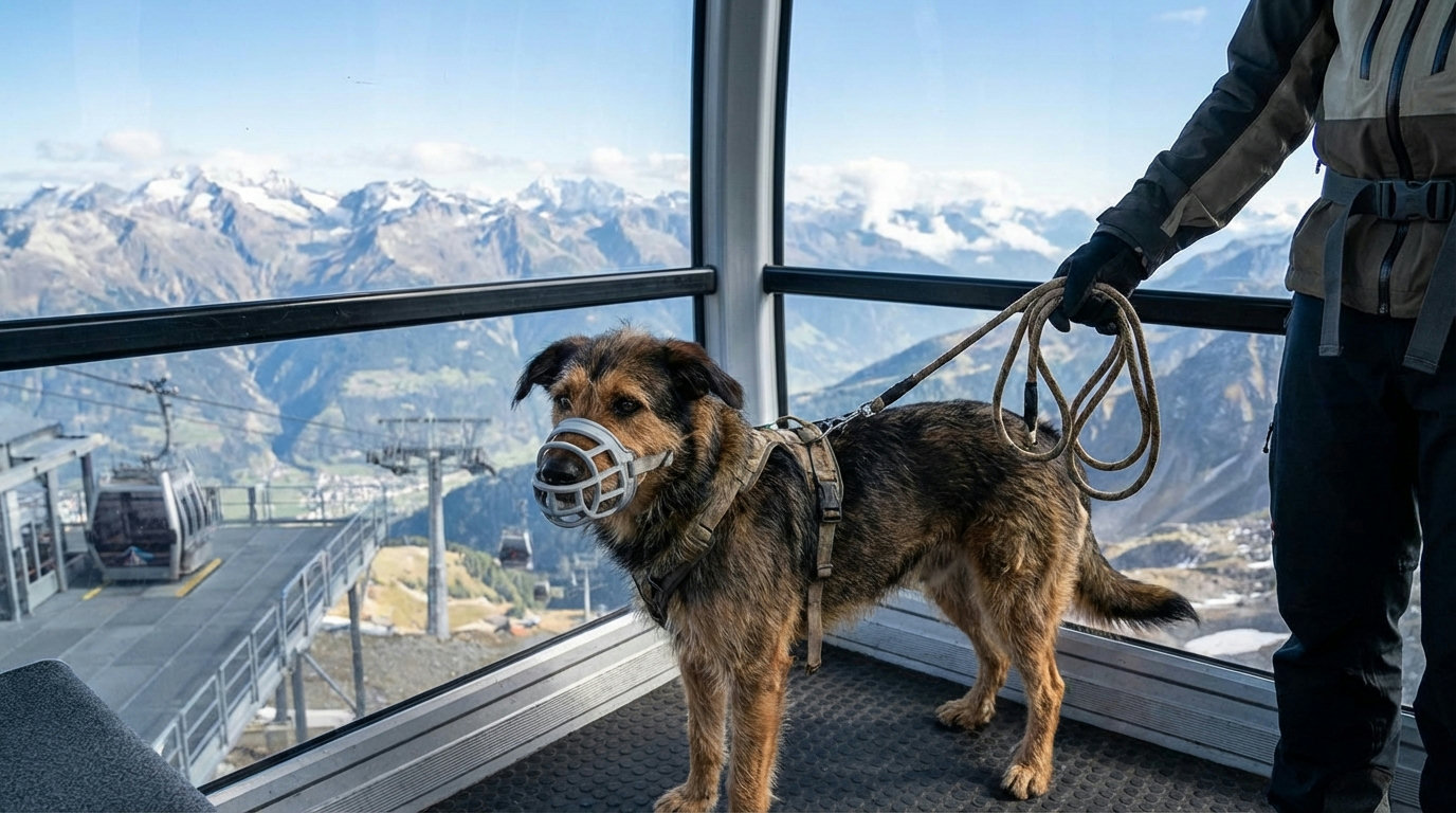 Hiker with a dog on a mountain trail (AI-generated image)