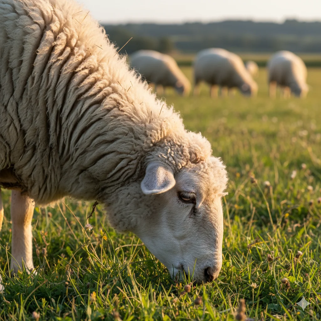Merino sheep grazing in a pasture.