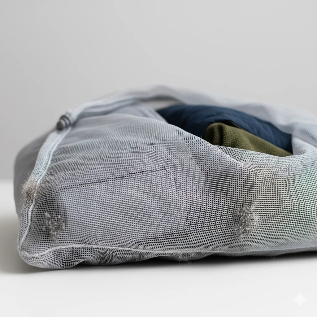 Laundry bag with synthetic clothing and microfibres collected in its corners.