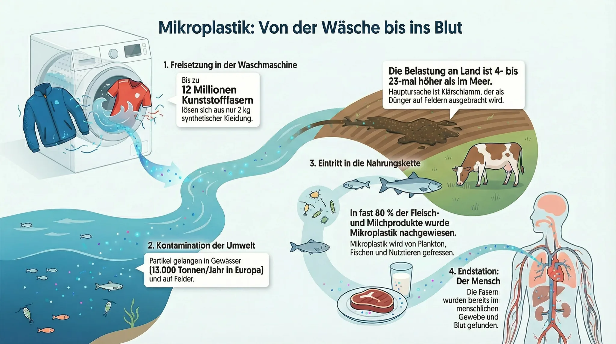 Infographic showing how microplastics spread through land and water ecosystems and back to humans.