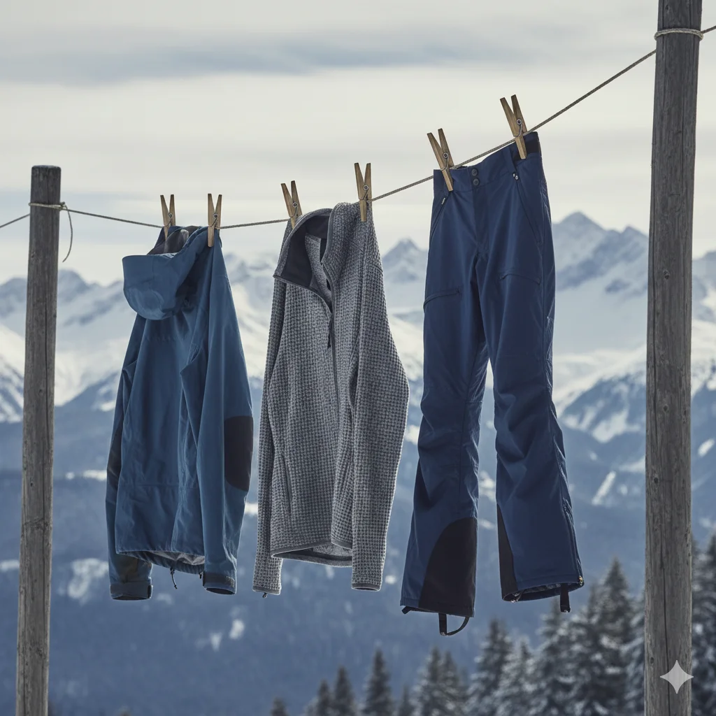 Ski clothing drying on a washing line.