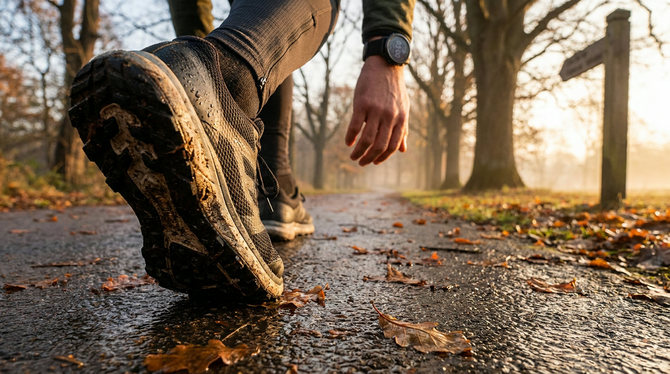 Trainer on a tarmac path next to a smartwatch showing a three-minute timer (AI-generated image)