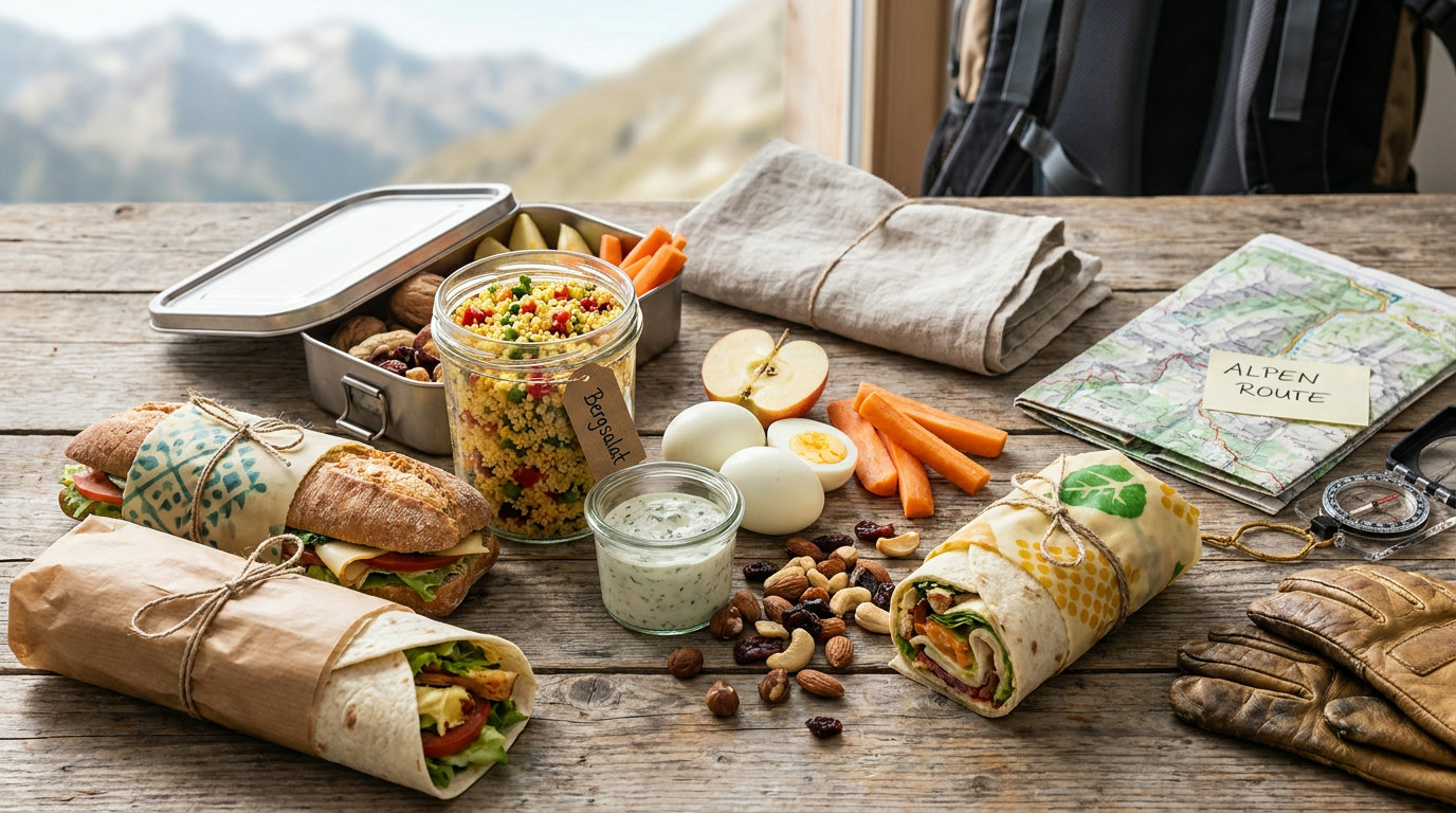 Picnic food for the mountains: wraps, salad in a screw-top jar, eggs and fruit on a wooden surface (AI-generated image)