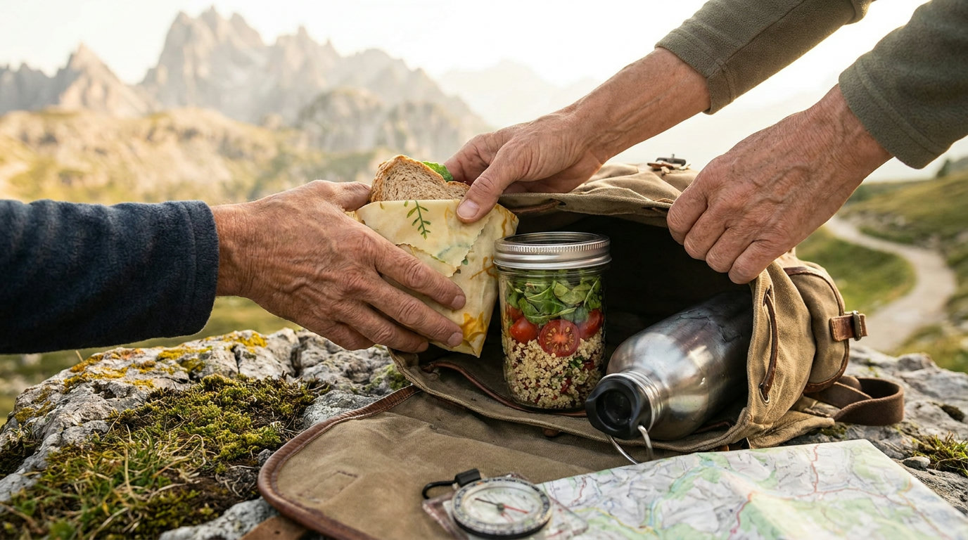 Hands packing a sandwich wrapped in a beeswax wrap into a hiking rucksack (AI-generated image)
